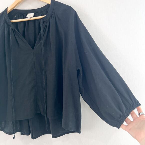 A New Day Women's Linen Split Neck Blouse Blouson Sleeve Medium Black - Picture 3 of 5